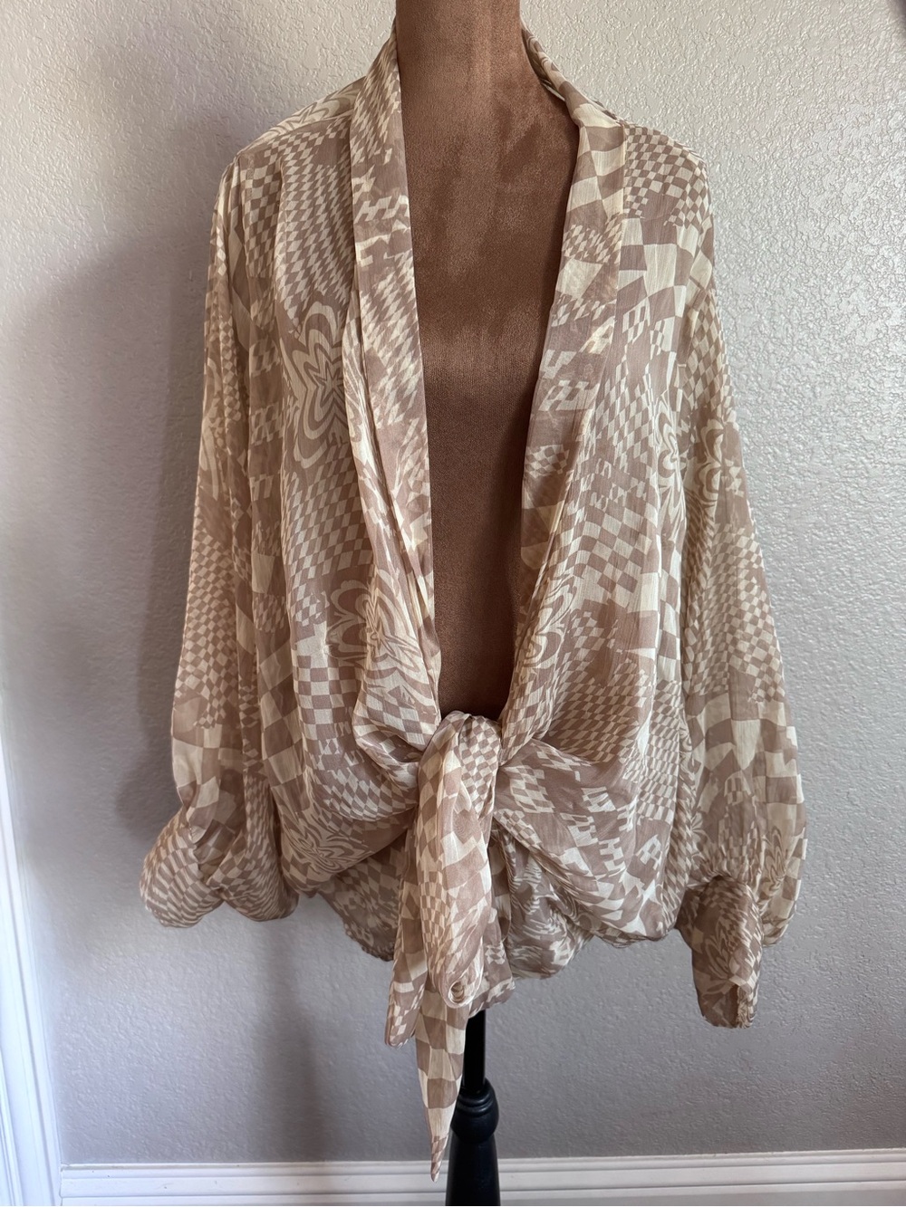 Free People Hypnotic Tie Front Kimono Taupe Cream Sheer Boho Geometric Floral OS